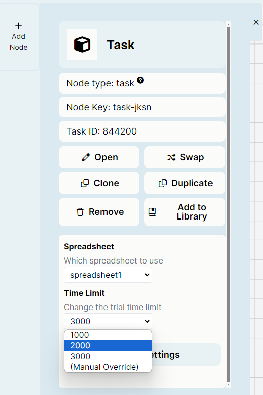 Screenshot of task node settings in New Experiment Builder showing Manipulation dropdown